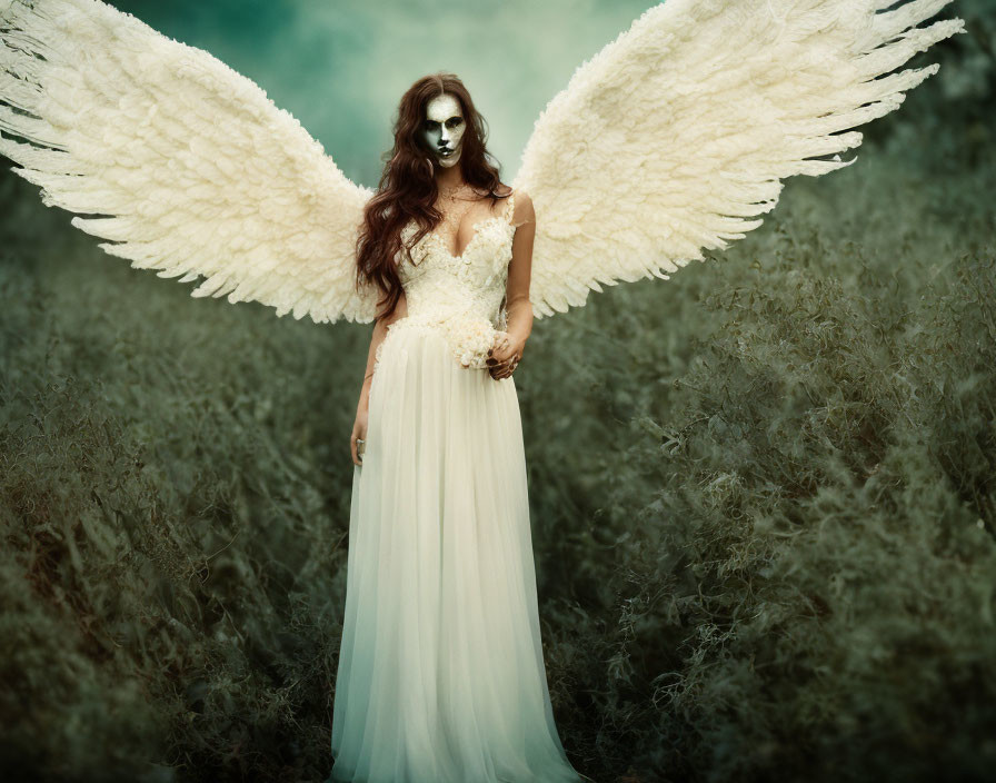 Person in white dress with angel wings in misty field holding flowers