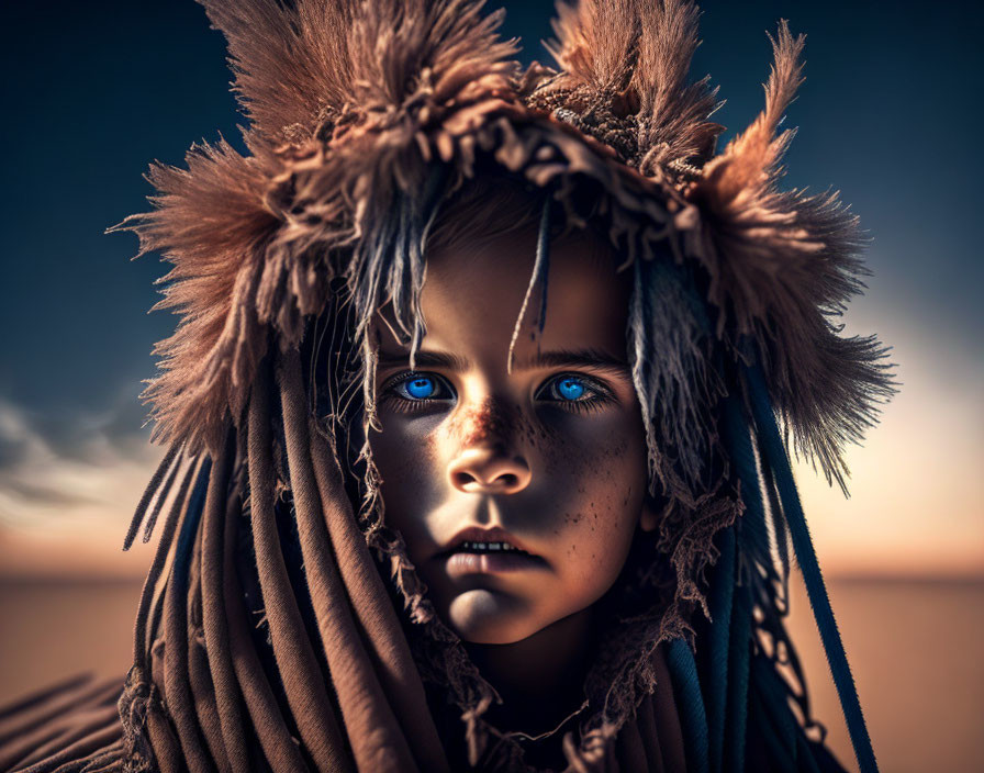 Child with piercing blue eyes in feathered headdress gazes at camera.