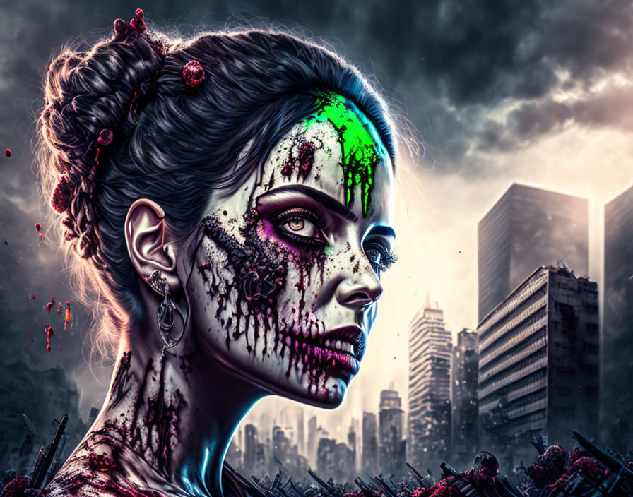 Woman with dramatic zombie makeup in post-apocalyptic cityscape