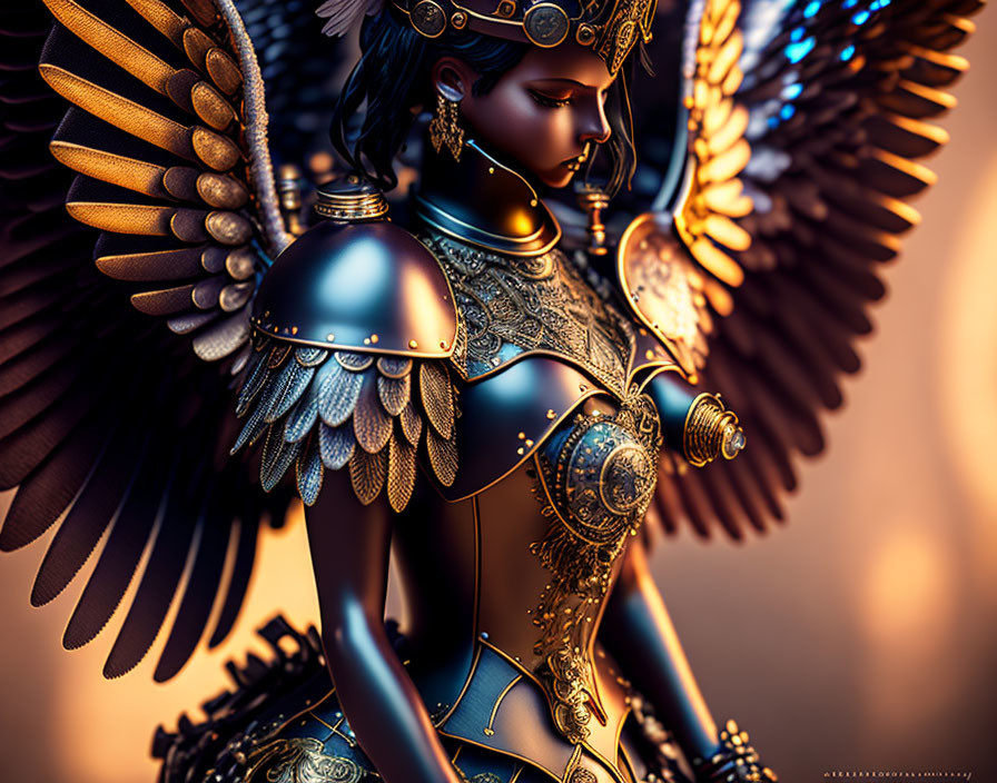 Digital artwork of female figure in metallic armor with detailed wings and gold accents