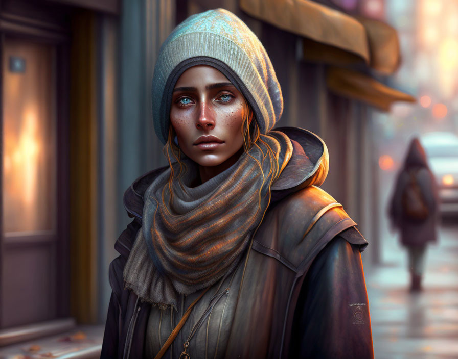 Woman with blue eyes in beanie and scarf on city street at dusk