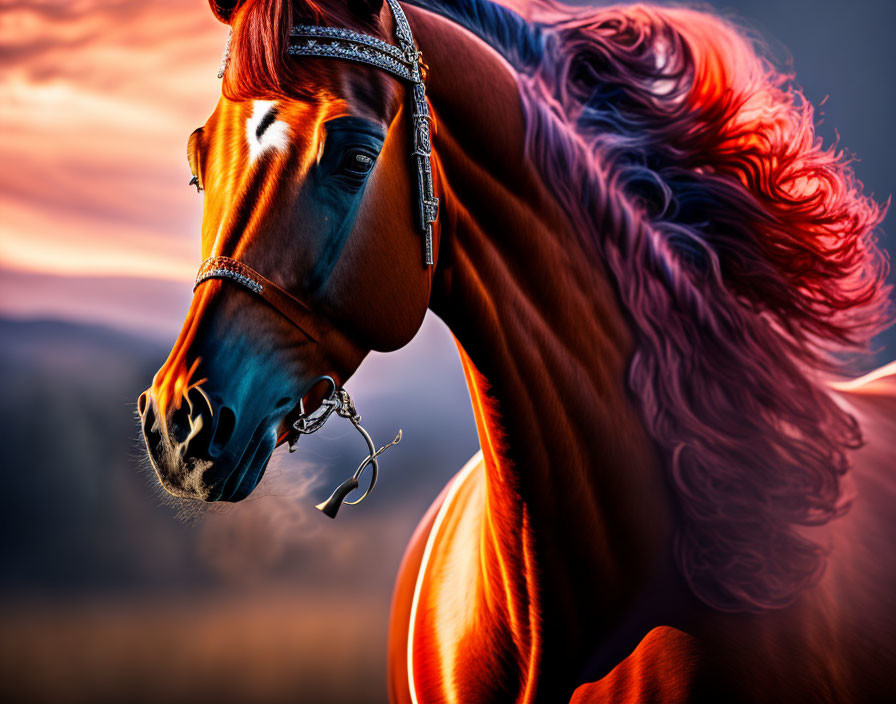 Majestic chestnut horse with flowing mane in ornate bridle at vibrant sunset