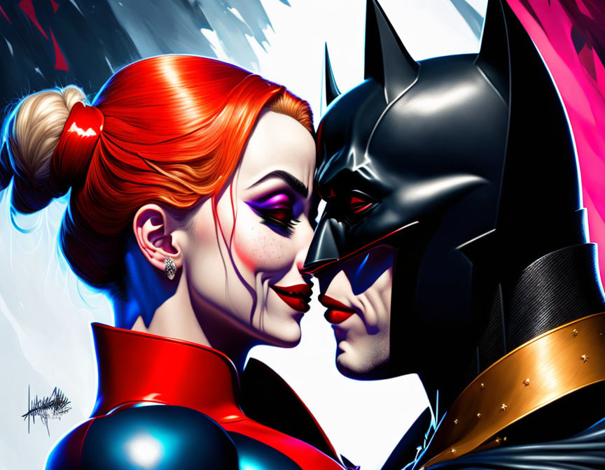 Superhero and villain close-up illustration with vivid colors and detailed expressions showcasing iconic costumes contrast.