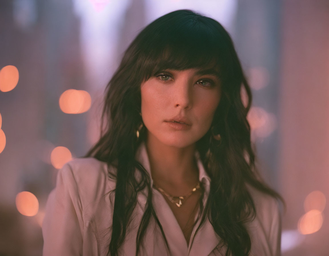 Dark-haired woman in white blouse with earrings and necklace, gazing in city backdrop