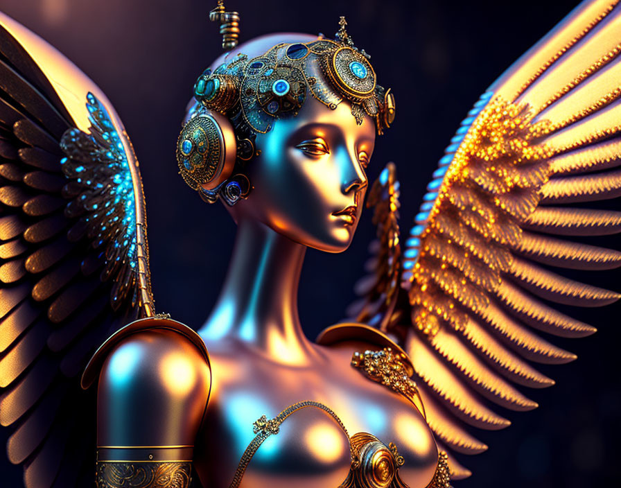 Steampunk-inspired female figure with mechanical details and golden skin in 3D render