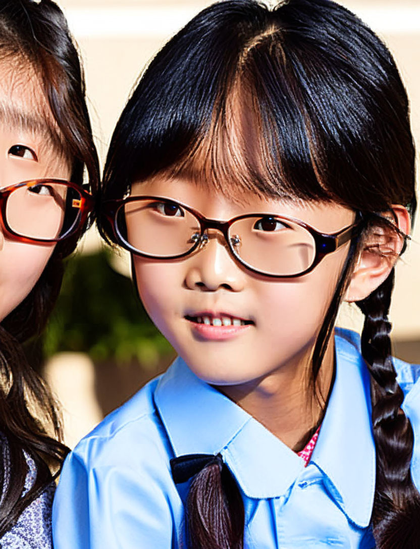 Two Smiling Young Girls with Glasses, One with Braided Hair