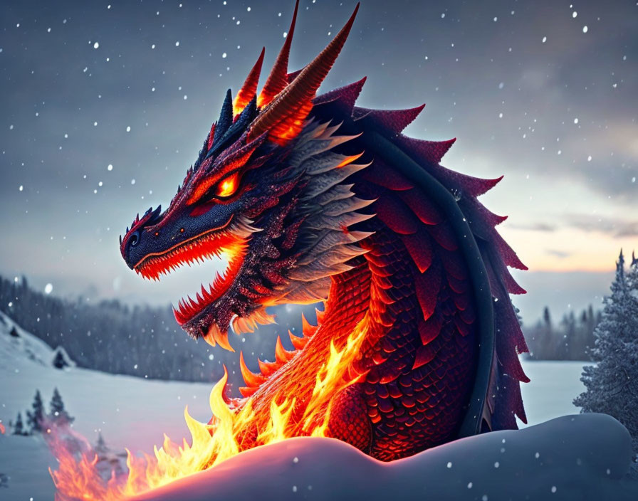 Red Dragon with Glowing Eyes and Flames in Snowy Twilight