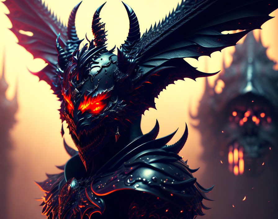 Dark armored figure with glowing red eyes and demonic wings in fantasy setting