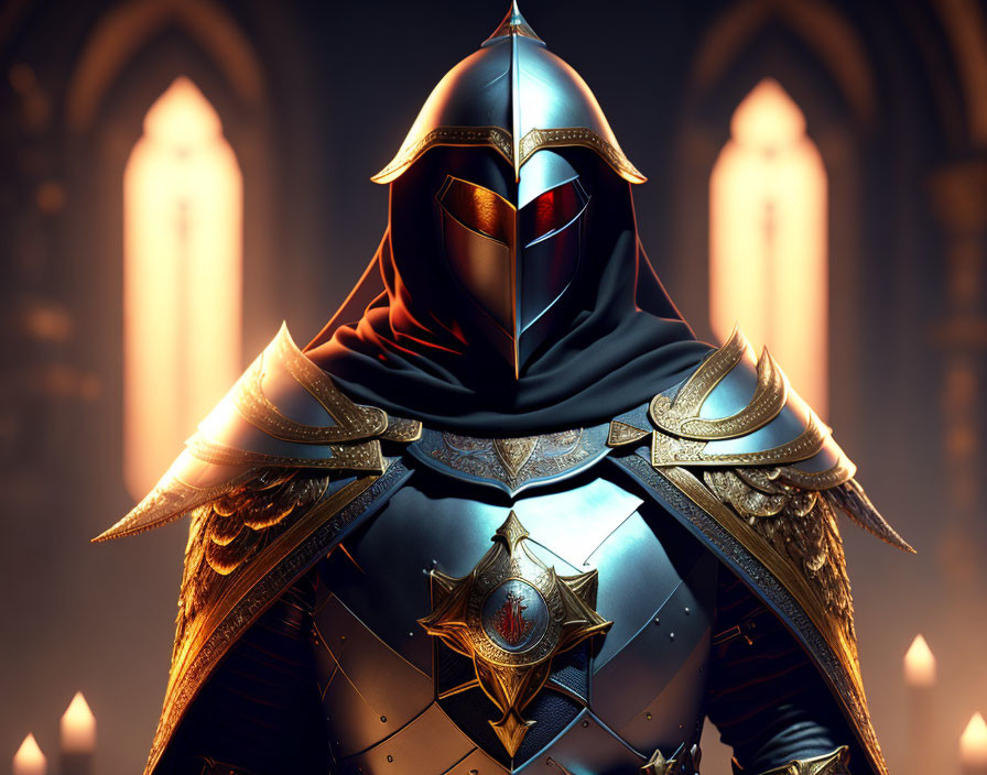 Knight in ornate golden armor with red cape against gothic arches