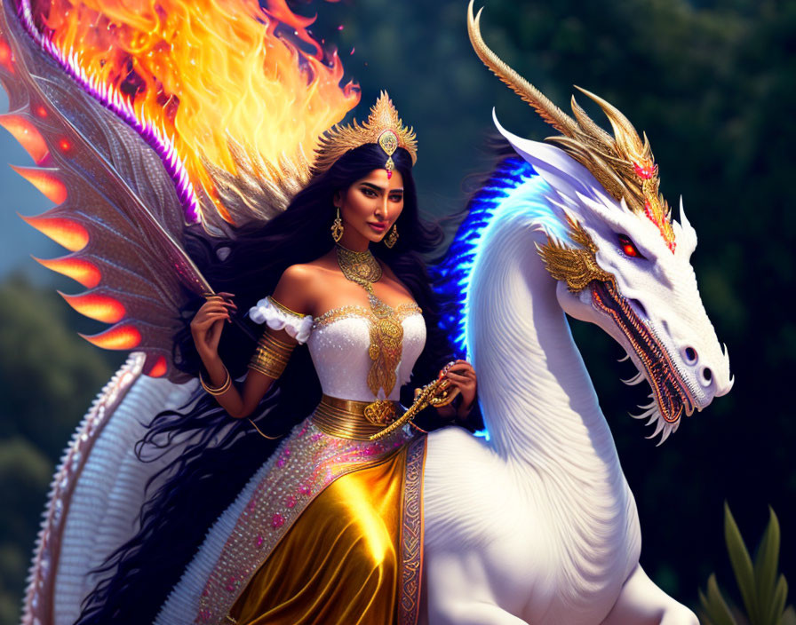Regal woman in golden attire riding white dragon in mystical forest
