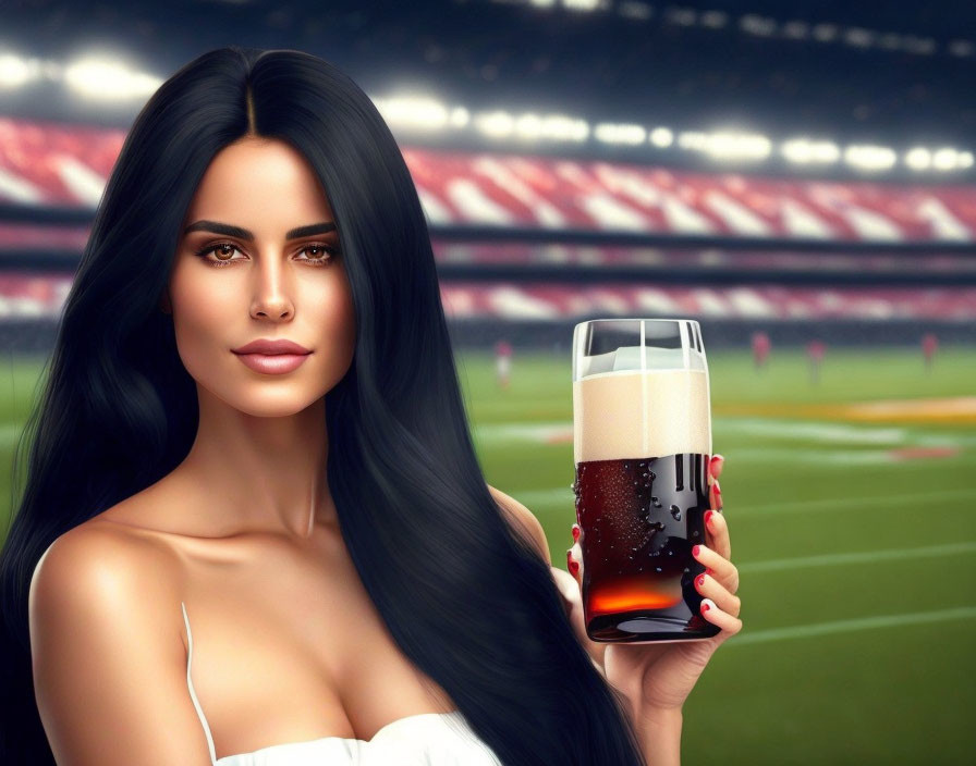 Digital artwork: Woman with black hair holding beer glass in stadium background