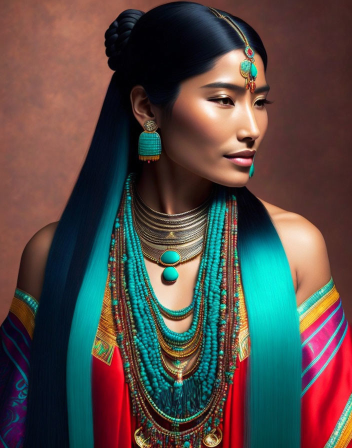 Blue-Black Hair Woman in Gold and Turquoise Jewelry on Warm Background