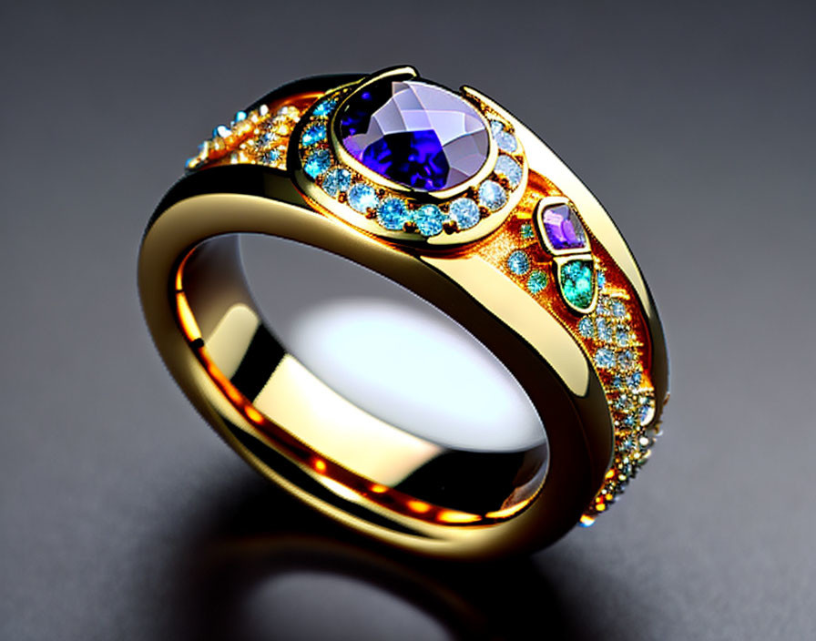 Luxurious gold ring with large purple gemstone and colorful halo on grey background