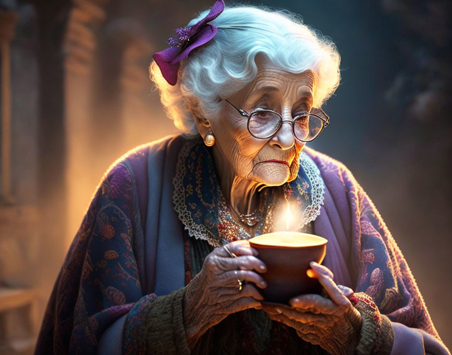 Elderly woman with glasses and purple bow holding steaming cup in warm lighting
