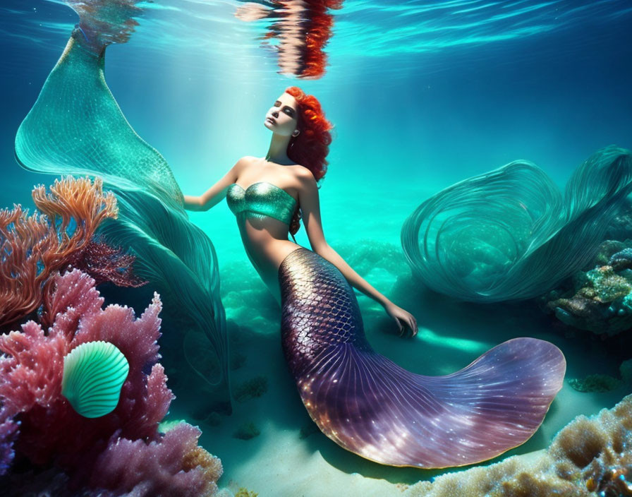 Red-haired mermaid with shimmering tail near vibrant coral in underwater scene