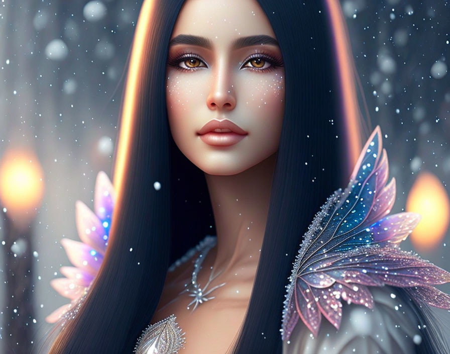 Fantasy character digital portrait with black hair, glowing wings, and freckles in snowy setting