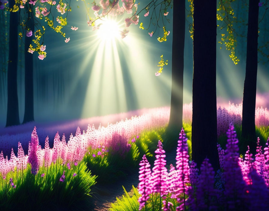 Forest scene: Sunlight on pink and purple wildflowers beneath blossoming trees