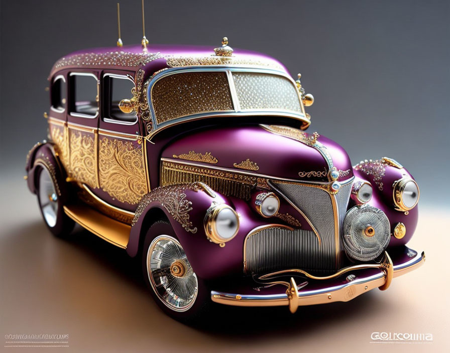 Ornate Purple and Gold Car with Fantastical Vintage Aesthetic