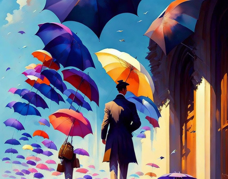 Businessman with briefcase and umbrella among colorful umbrellas under bright sky