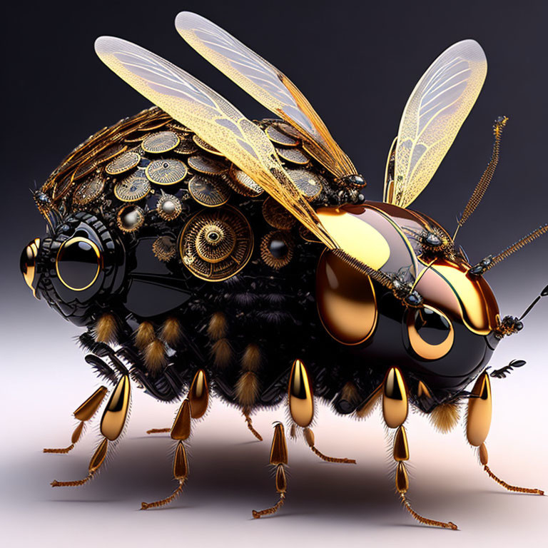 Mechanical bee digital artwork with intricate gears and golden accents