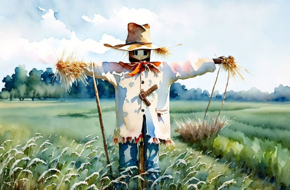 Straw-filled scarecrow in green field under cloudy sky