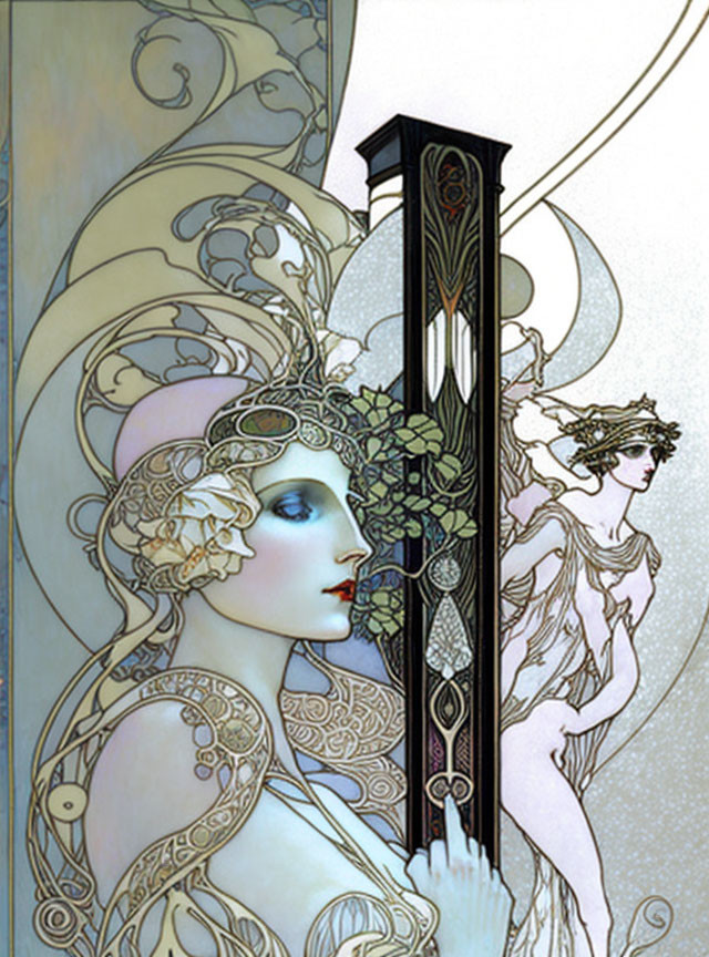 Ethereal Art Nouveau illustration of two female figures with floral designs