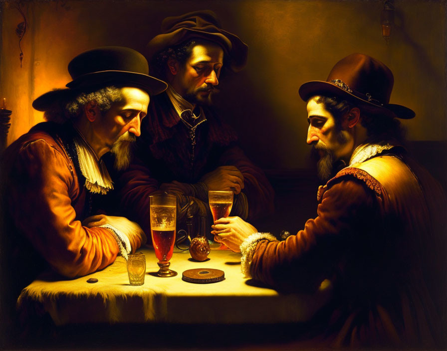 Four People in Period Attire Discussing Intensely at Dimly Lit Table