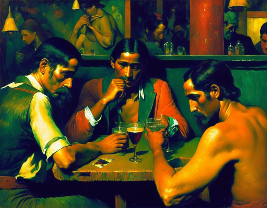 Three men sitting at a bar table with drinks, surrounded by other patrons