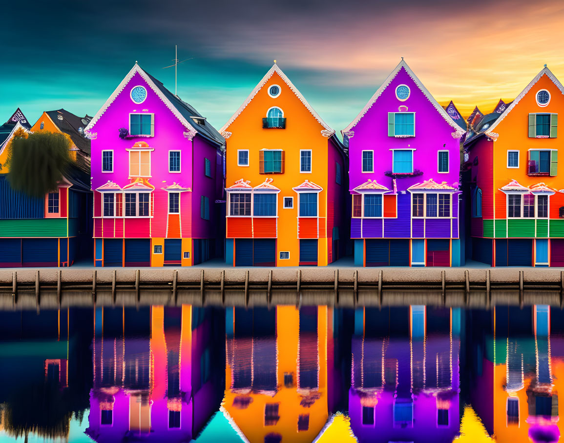 Colorful Houses Reflected in Water at Dusk