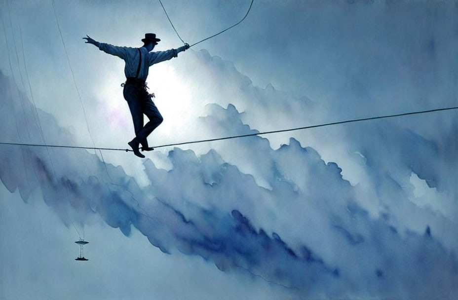 Tightrope walker balances above clouds with sunbeam silhouette