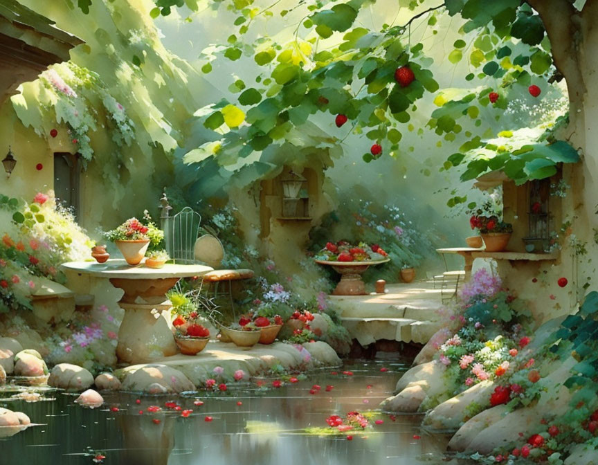 Tranquil sunlit garden with greenery, grapevines, flowers, and reflective pond