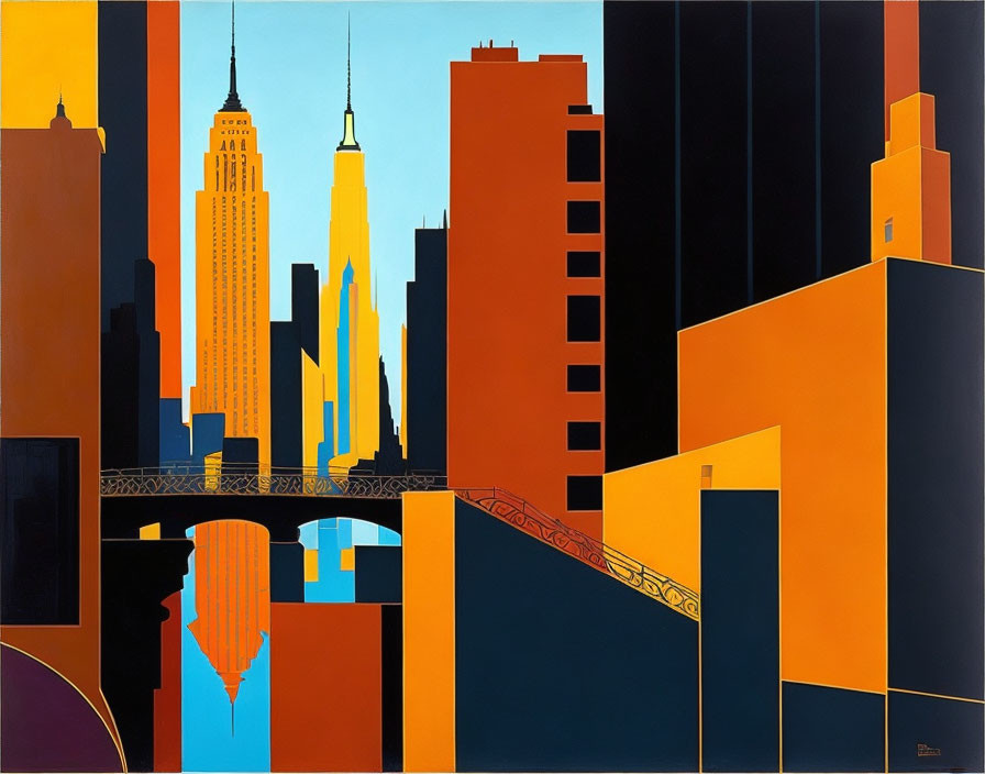 Colorful Cityscape Painting with Skyscrapers and Geometric Shapes