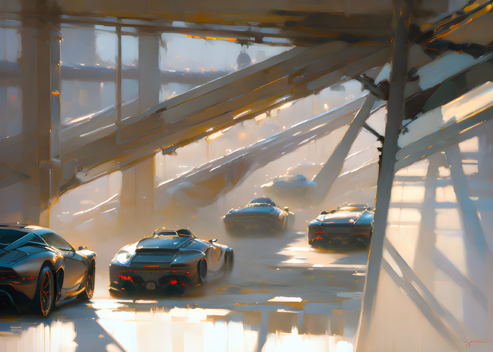 Futuristic cityscape underpass with high-speed cars at sunset