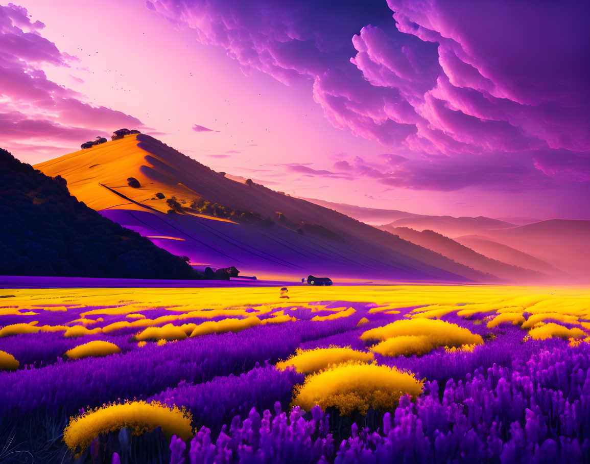Surreal purple landscape with blooming lavender field under vibrant sunset sky