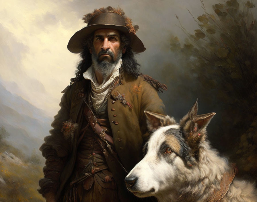 Historical man with wide-brimmed hat and dog in pastoral scene
