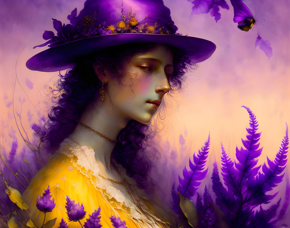 Woman in Purple Flowered Hat on Butterfly and Fern Background