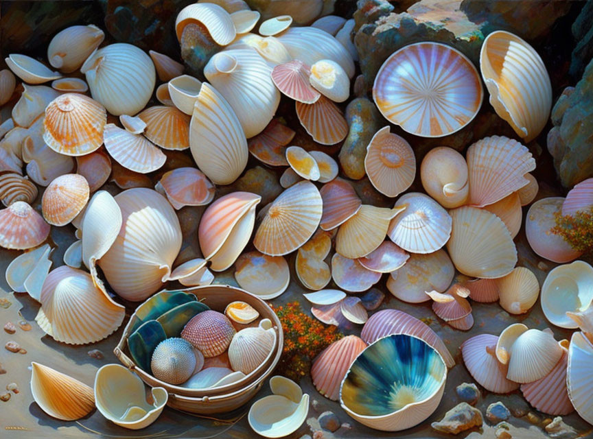 Colorful Seashells of Various Patterns and Sizes on Sandy Surface