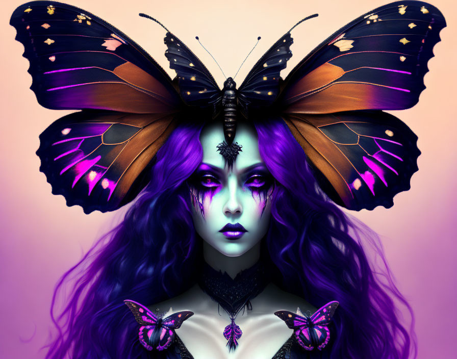 Portrait of woman with purple skin, hair, and butterfly motifs, with real butterfly on forehead