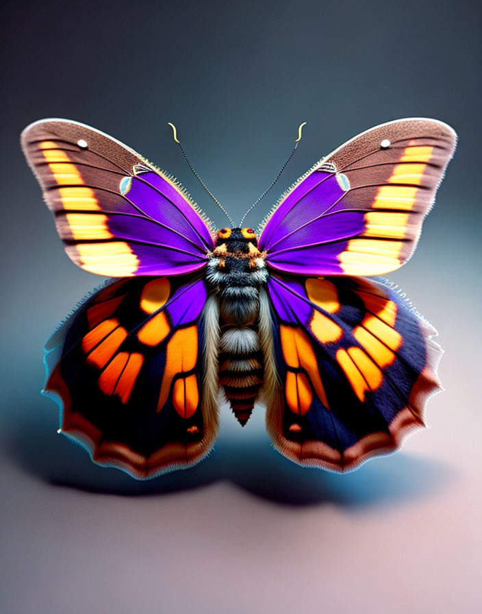 Colorful Butterfly Close-Up with Spread Wings on Gray Background
