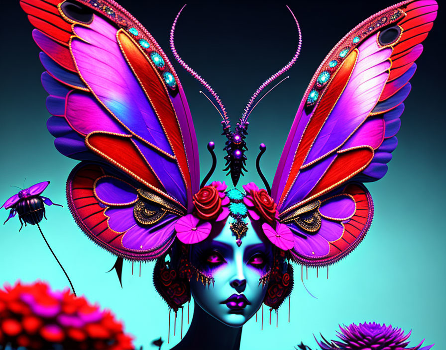 Colorful digital artwork: Woman with butterfly hair and floral surroundings