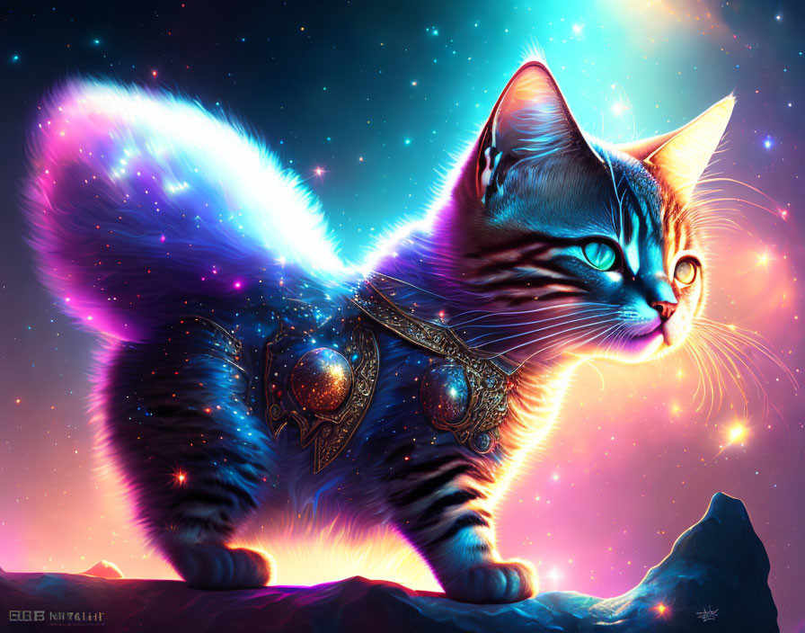 Cosmic cat with glowing body and ornate armor in star-filled space