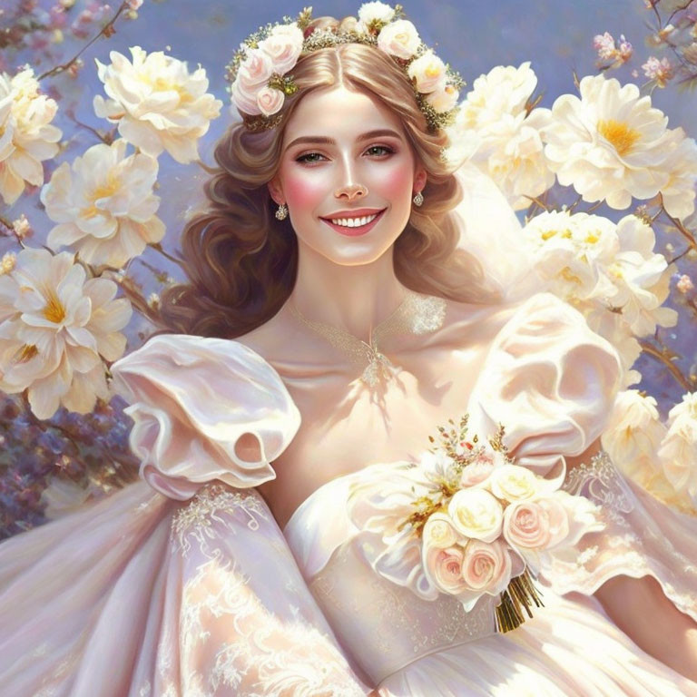 Smiling woman in off-shoulder gown with flowers against floral backdrop