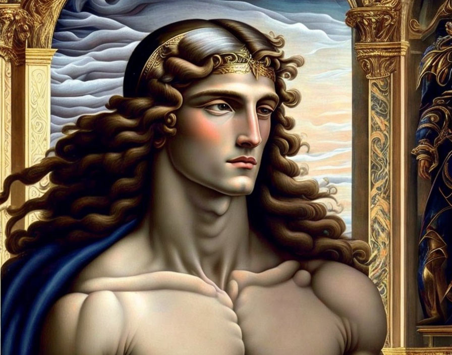 Mythical male figure with curly hair in golden headband against cloudy sky and ornate columns