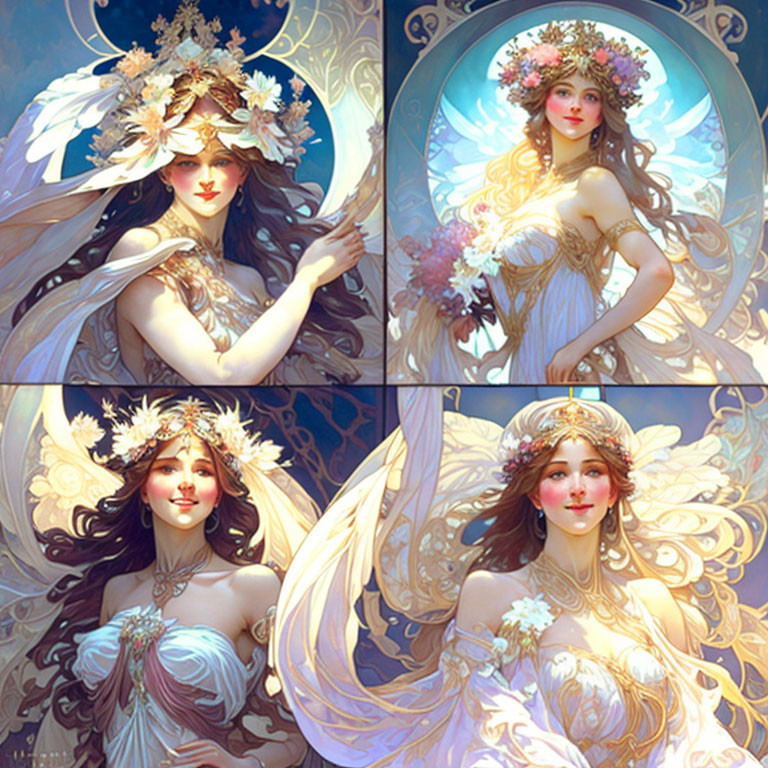 Ethereal women with ornate floral headdresses in luminous fantasy style