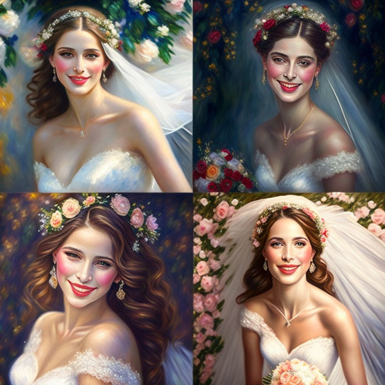 Four portraits of a smiling bride with different hairstyles and floral accessories in a romantic, painted style