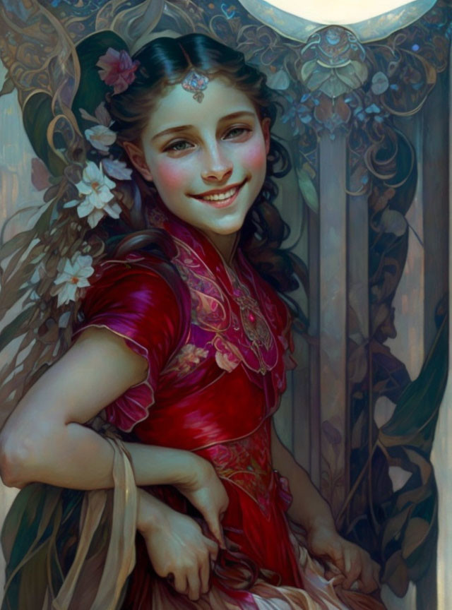 Smiling young woman in vibrant red dress with ornate jewelry and Art Nouveau motifs