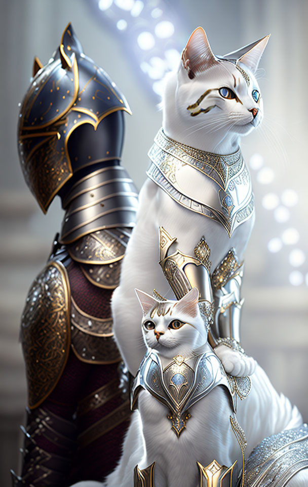 Two cats in medieval armor, one standing and one seated, against a softly lit background