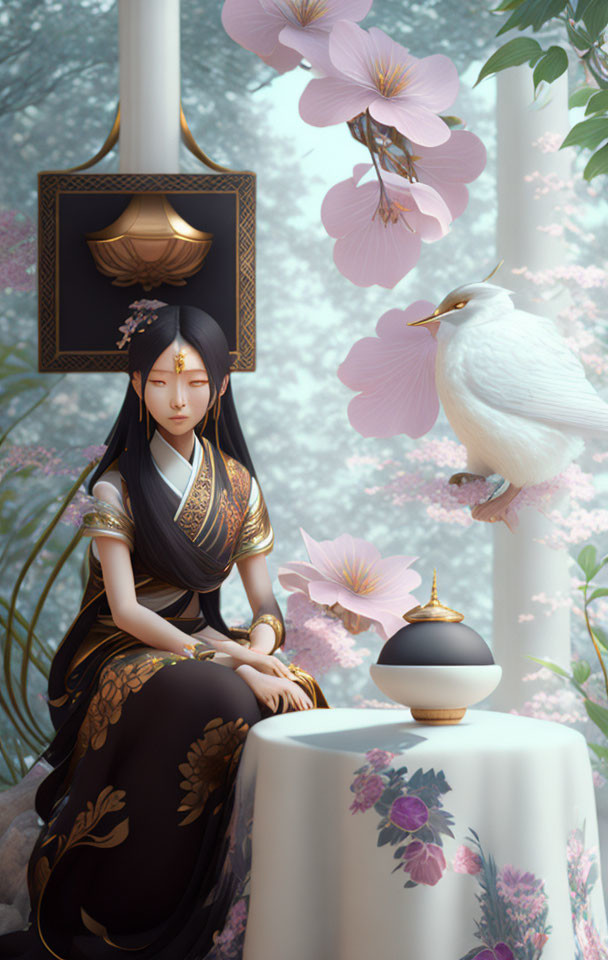 Illustration of Woman in Traditional Attire Under Blossoming Trees