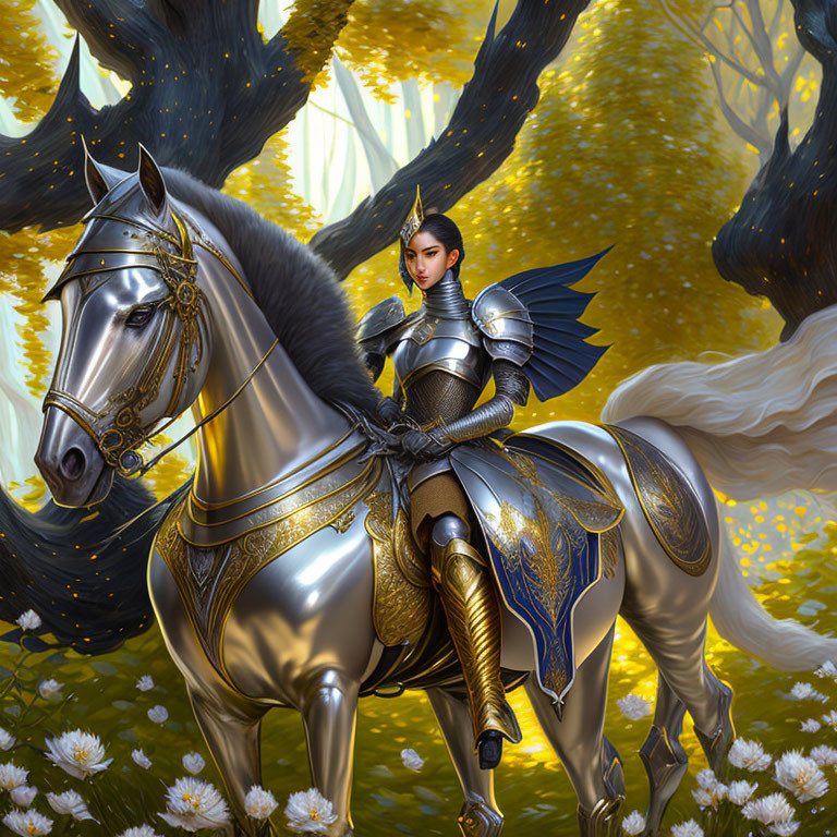 Warrior in Shining Armor on Majestic Horse in Golden Forest