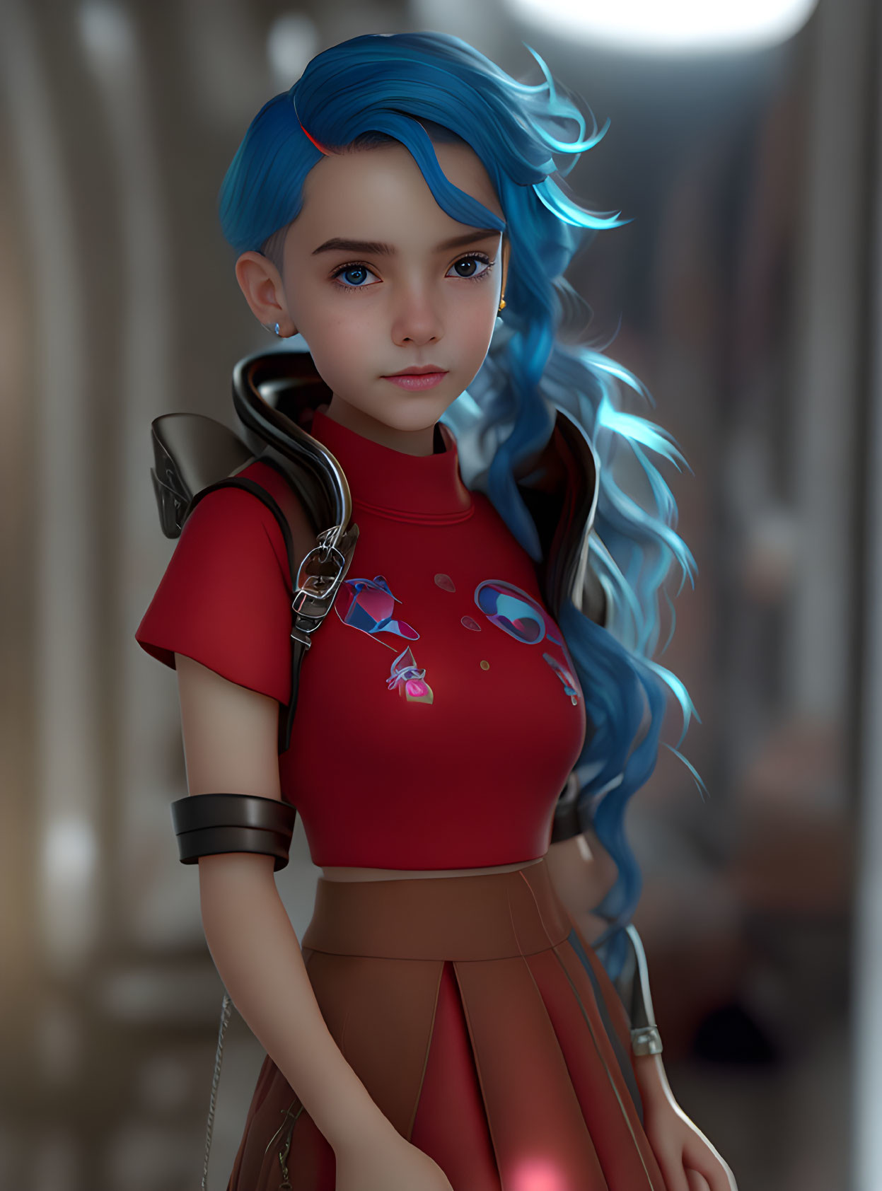 Digital art portrait of young female character with blue hair and futuristic shoulder armor in red t-shirt.